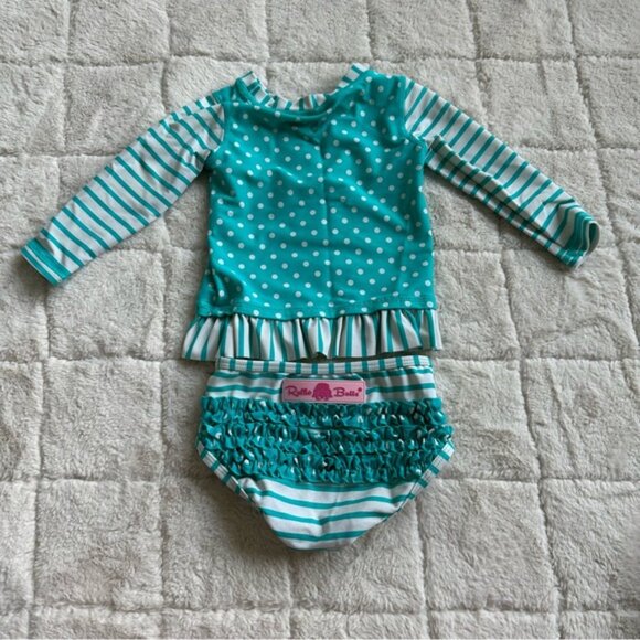 RuffleButts | Blue & White Long Sleeve Rash Guard Bikini | Size 12-18 Months - Picture 9 of 12